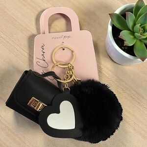 Bag Charm with Small Black Bag, Heart Mirror and Black Pom Pom.